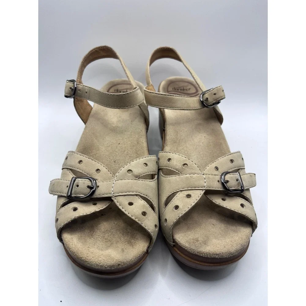Y2K Dansko Womens Beige Leather Slingback Wedge Sandals Wood Grain Platform